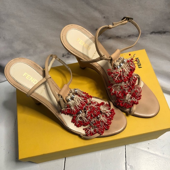 FENDI Red Beaded T-Strap Wedges - Picture 3 of 8